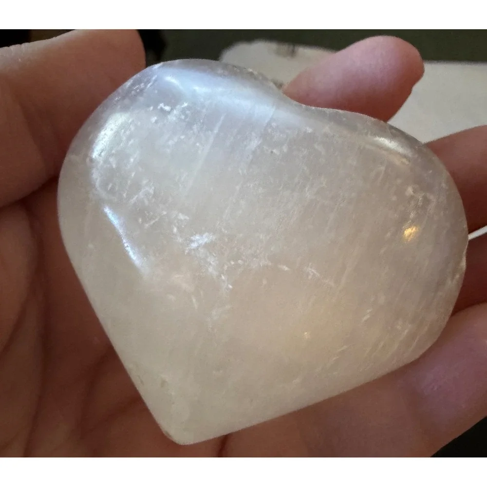 Selenite Crystal Heart White Excellent Polished Palm Stone Decor